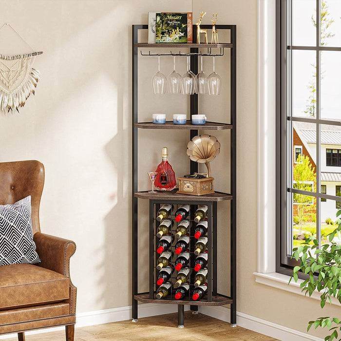 Industrial Corner Wine Rack Storage Shelving Unit with Glass Holders - Loft&Timber