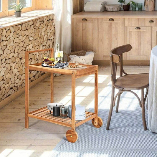 Solid Wood Rolling Serving Cart Kitchen Island with Bottom Shelf - Loft&Timber
