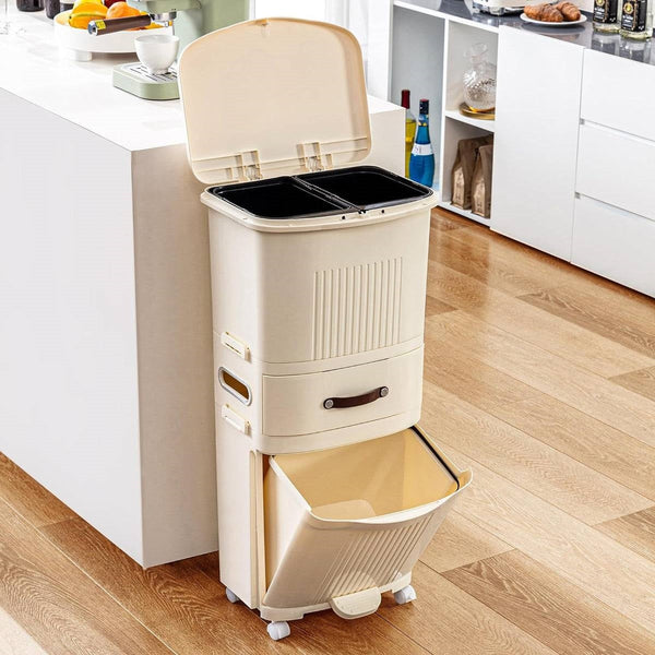 12-Gallon Elevated Trash Can Recycle Bin with Lid on Wheels in Cream-0