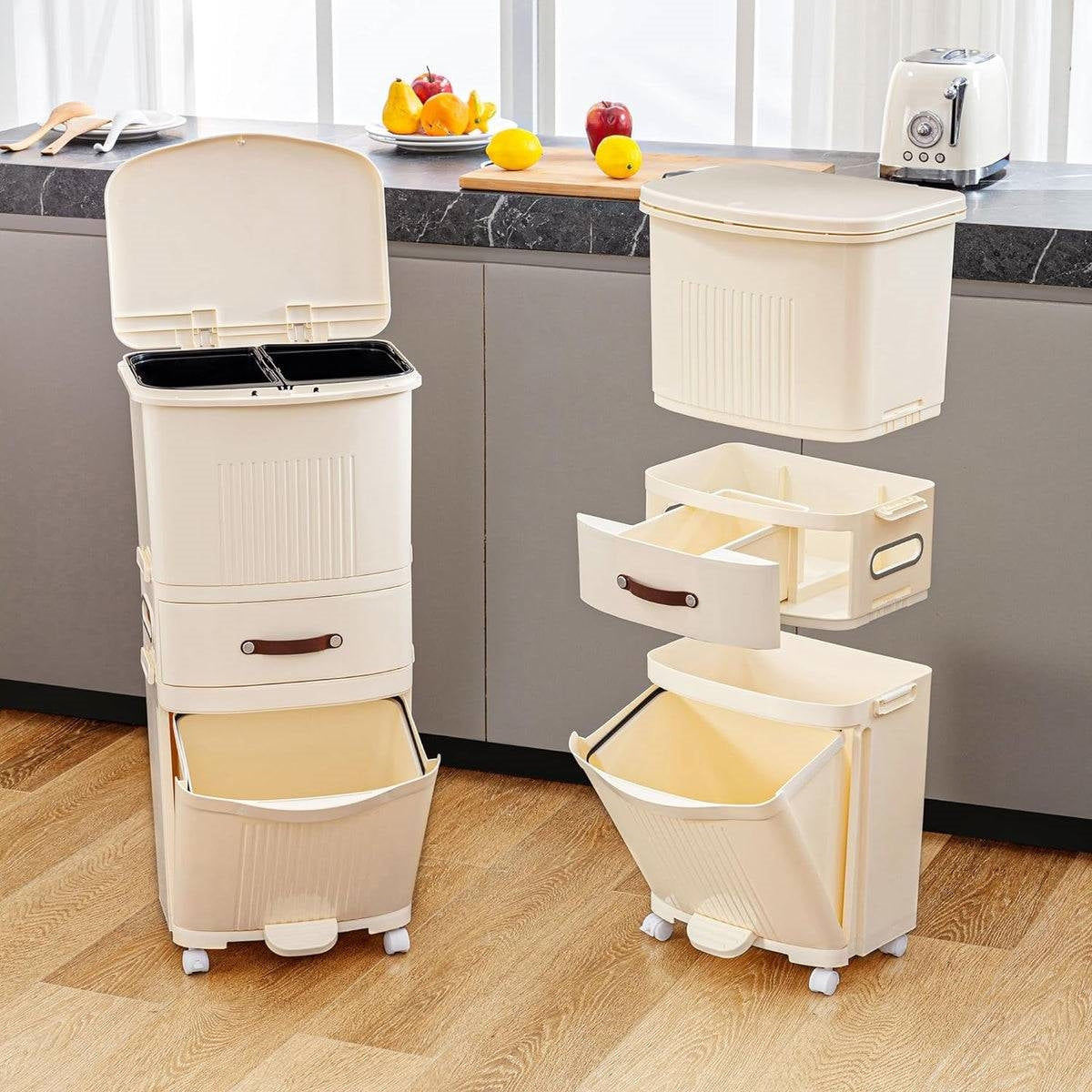 12-Gallon Elevated Trash Can Recycle Bin with Lid on Wheels in Cream-1