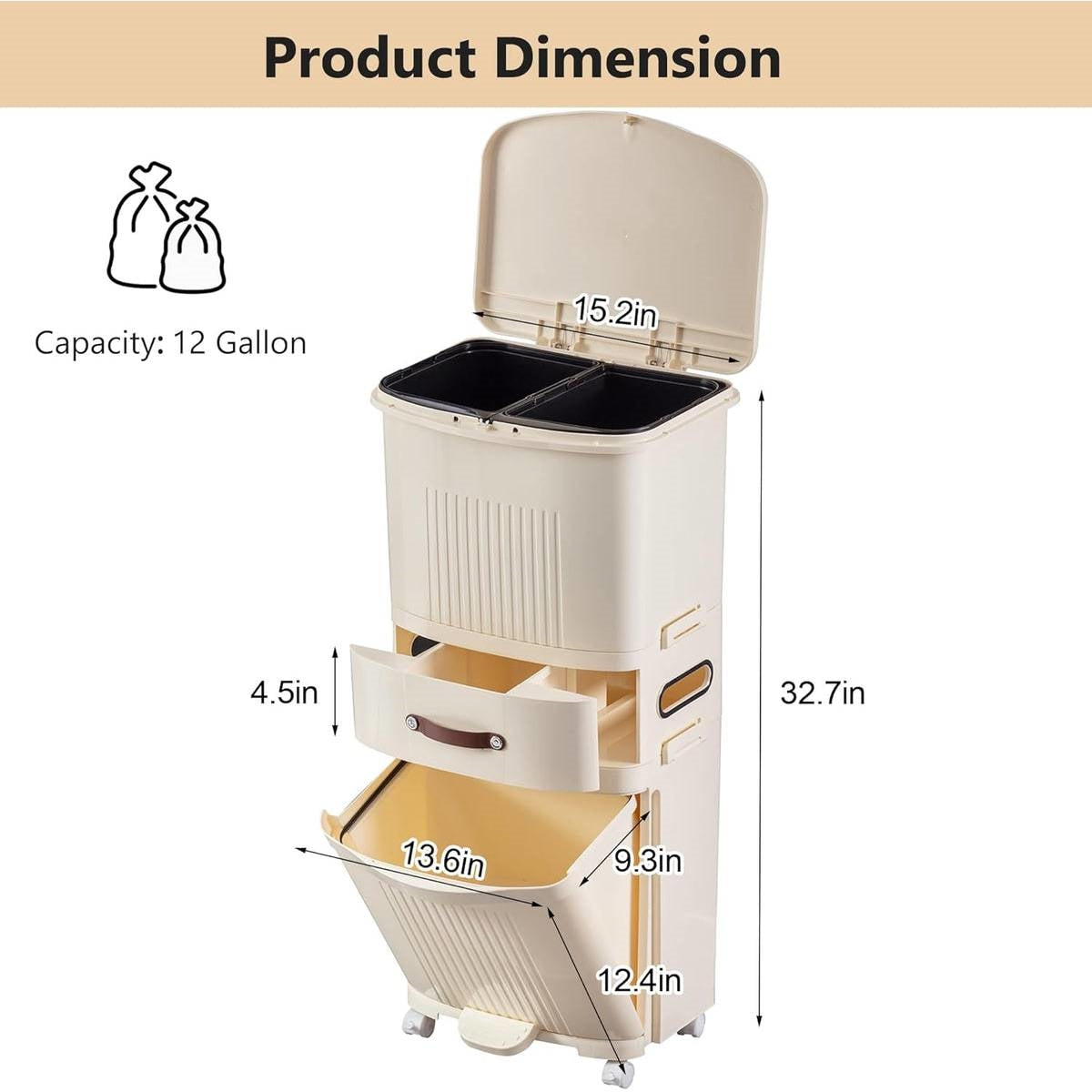 12-Gallon Elevated Trash Can Recycle Bin with Lid on Wheels in Cream-2