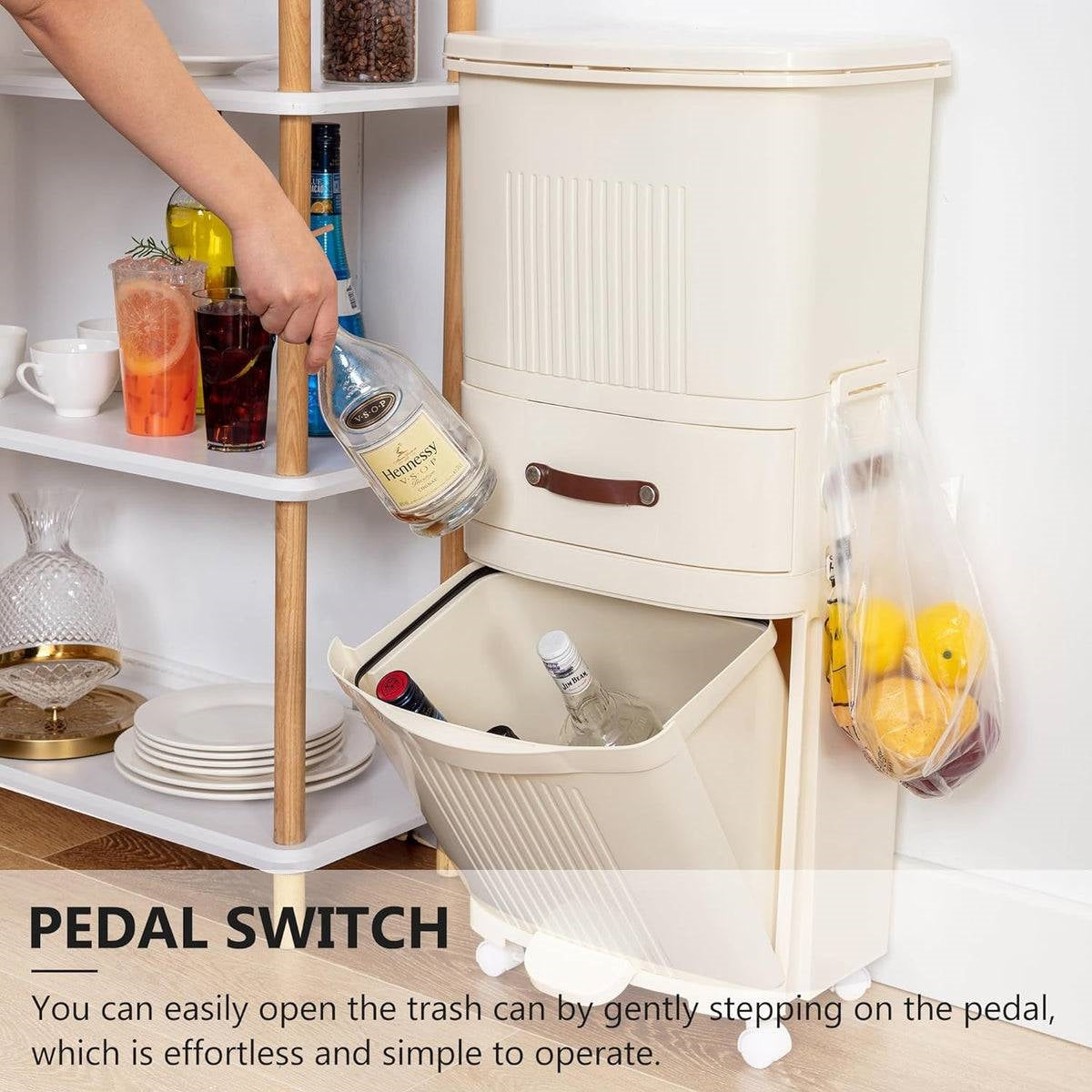12-Gallon Elevated Trash Can Recycle Bin with Lid on Wheels in Cream-3