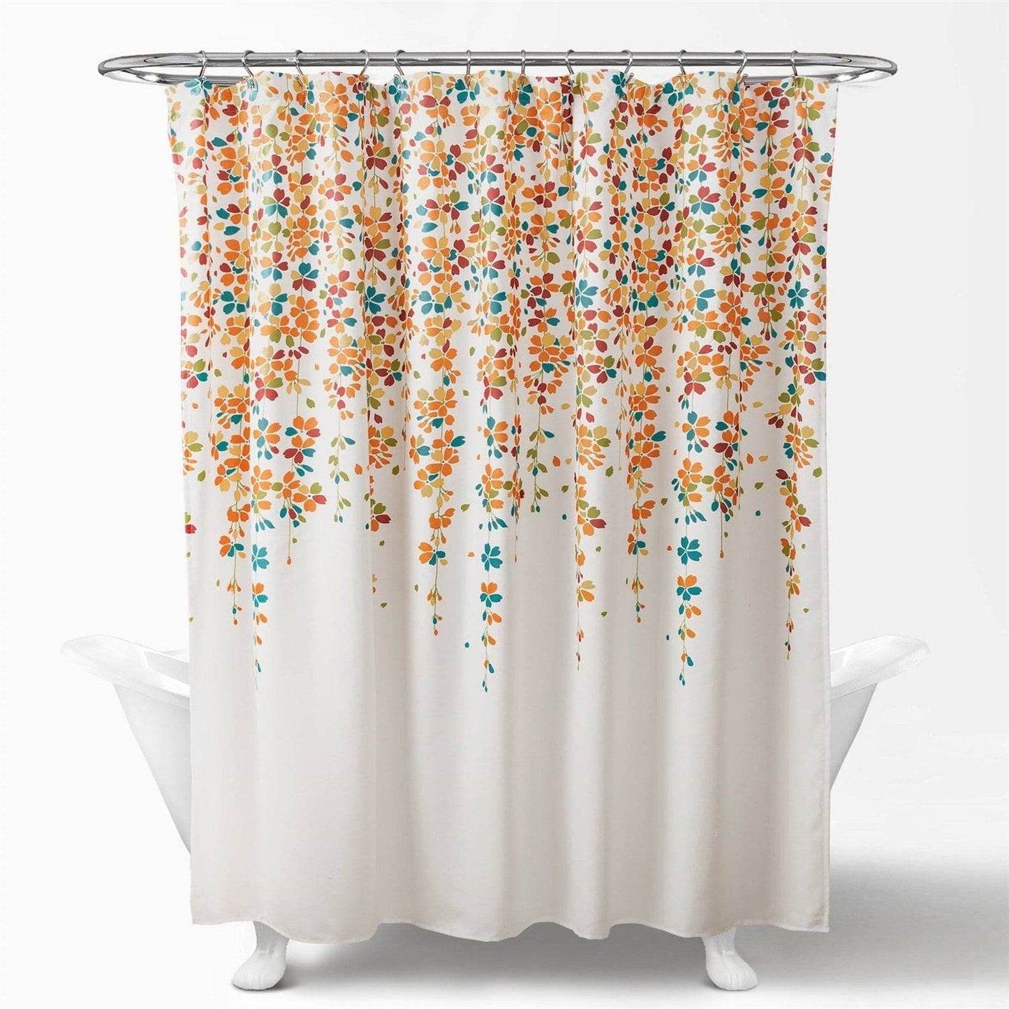 72-inch White Turquoise Blue Orange Floral Flowers Shower Curtain - Loft&Timber