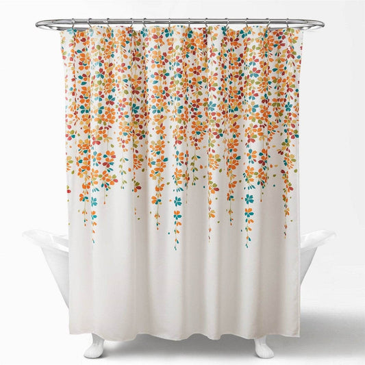 72-inch White Turquoise Blue Orange Floral Flowers Shower Curtain - Loft&Timber