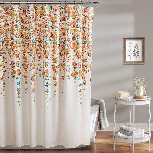 72-inch White Turquoise Blue Orange Floral Flowers Shower Curtain - Loft&Timber