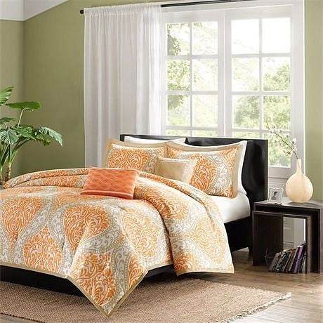 Twin size 4-Piece Orange White Damask Print Comforter Set - Loft&Timber
