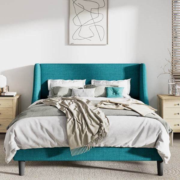 Full Size Turquoise Linen Blend Upholstered Platform Bed with Wingback Headboard - Loft&Timber