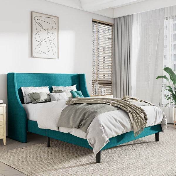 Full Size Turquoise Linen Blend Upholstered Platform Bed with Wingback Headboard - Loft&Timber