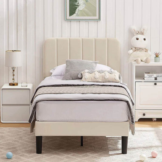 Twin size Beige Upholstered Platform Bed Frame with Headboard - Loft&Timber