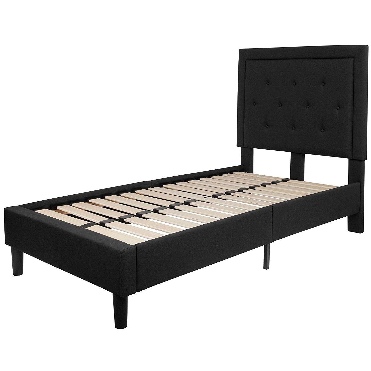 Twin Black Fabric Upholstered Platform Bed Frame with Tufted Headboard - Loft&Timber