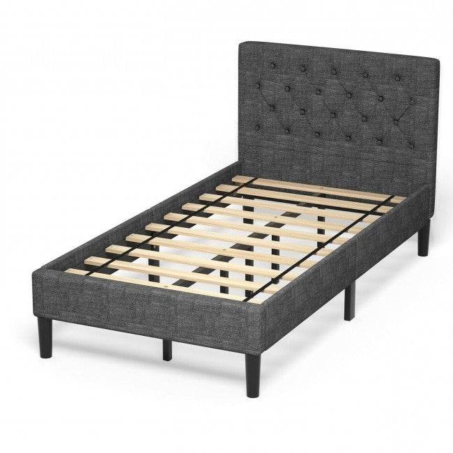 Twin Size Grey Upholstered Button Tufted Headboard Platform Bed - Loft&Timber