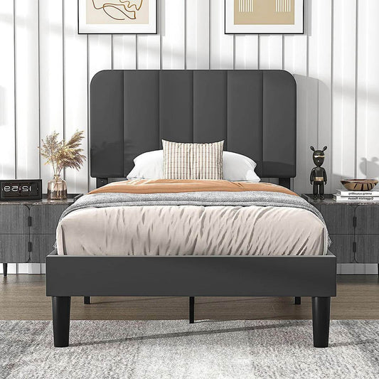 Twin size Dark Grey Upholstered Platform Bed Frame with Headboard - Loft&Timber