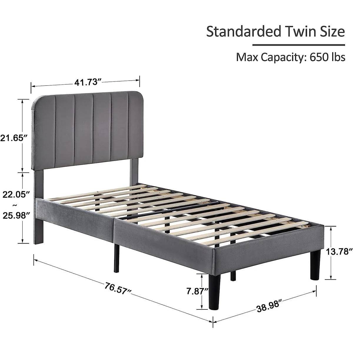 Twin size Dark Grey Upholstered Platform Bed Frame with Headboard - Loft&Timber
