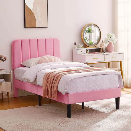Twin size Pink Upholstered Platform Bed Frame with Headboard - Loft&Timber