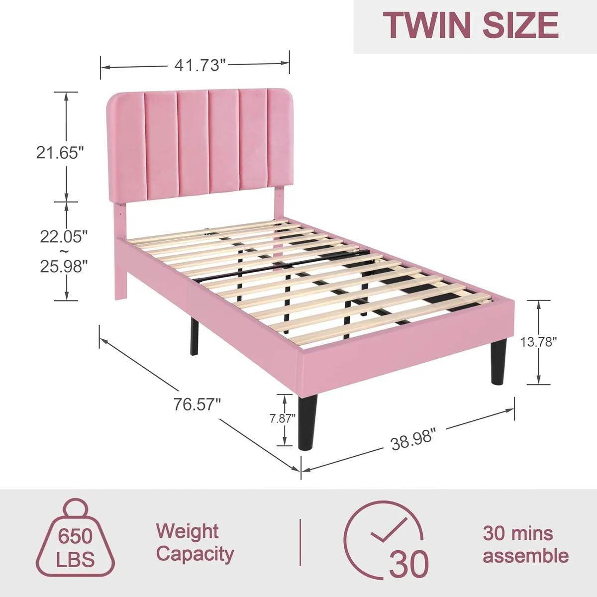 Twin size Pink Upholstered Platform Bed Frame with Headboard - Loft&Timber