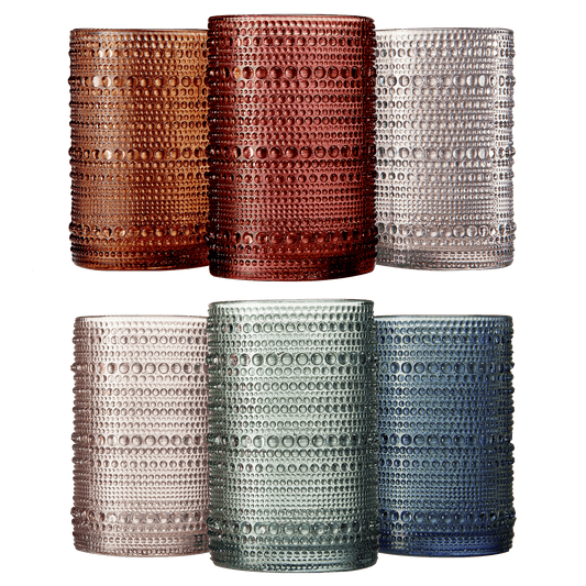 Beaded Highball Drinking Glasses | Set of 6 | Muted Color, Vintage Hobnail 14 OZ Muted Bubble Design Whiskey Glassware, Old-Fashioned, Embossed Design Glass for Water, Wine, Cocktail HAND WASH ONLY - Loft&Timber