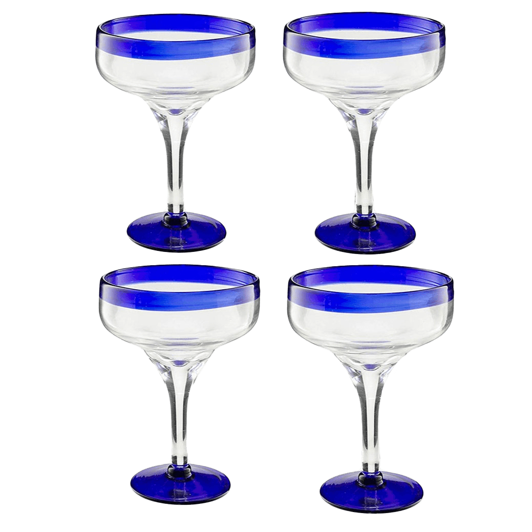 Mexican Hand Blown Glass – Set of 4 Large 16oz, Cobalt Blue Rim Line, Luxury Margarita & Cocktail Glasses, Mexico Design Large 16oz Cobalt Cinco de Mayo - The Wine Savant, Dishwasher Safe Glassware - Loft&Timber
