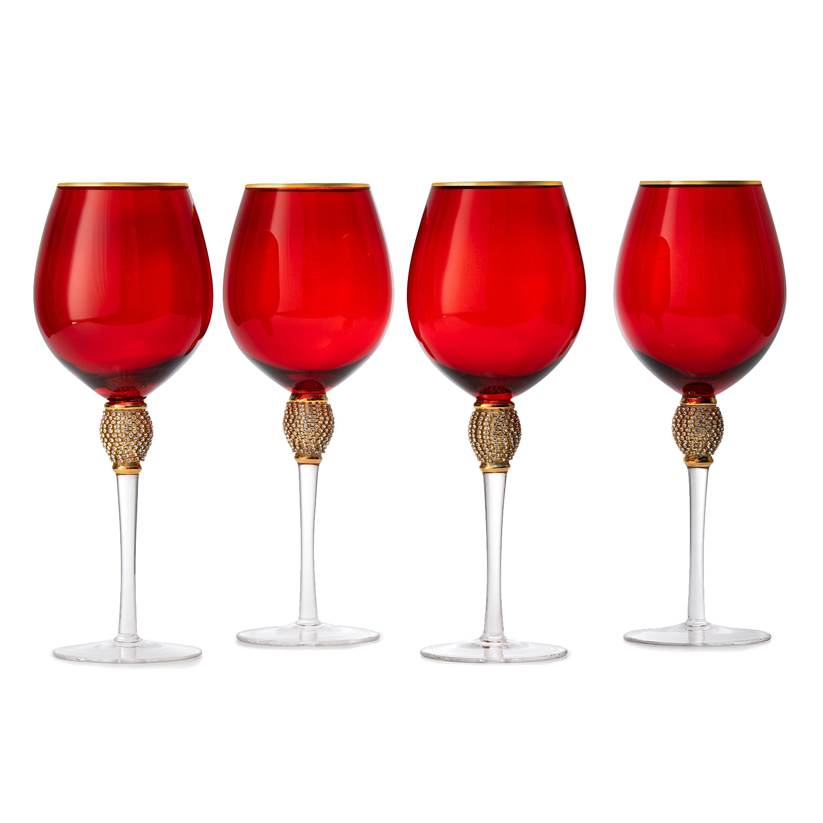 The Wine Savant Large Diamond Wine Glasses, 10" H Gold Rim Rhinestone Diamond Glasses - Wedding Glasses - 18 Ounce, Premium Designed Wine Glasses for Spirits and Wine, Gift Boxed (4, Red) - Loft&Timber