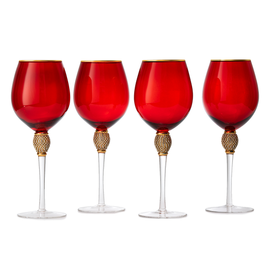 The Wine Savant Large Diamond Wine Glasses, 10" H Gold Rim Rhinestone Diamond Glasses - Wedding Glasses - 18 Ounce, Premium Designed Wine Glasses for Spirits and Wine, Gift Boxed (4, Red) - Loft&Timber