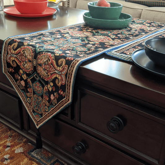 Tache Elegant Black Ornate Paisley Woven Tapestry Table Runner (18192)-0
