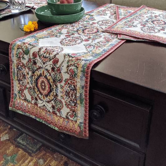 Tache Elegant Ivory Colorful Ornate Paisley Woven Tapestry Table Runner (18193)-0