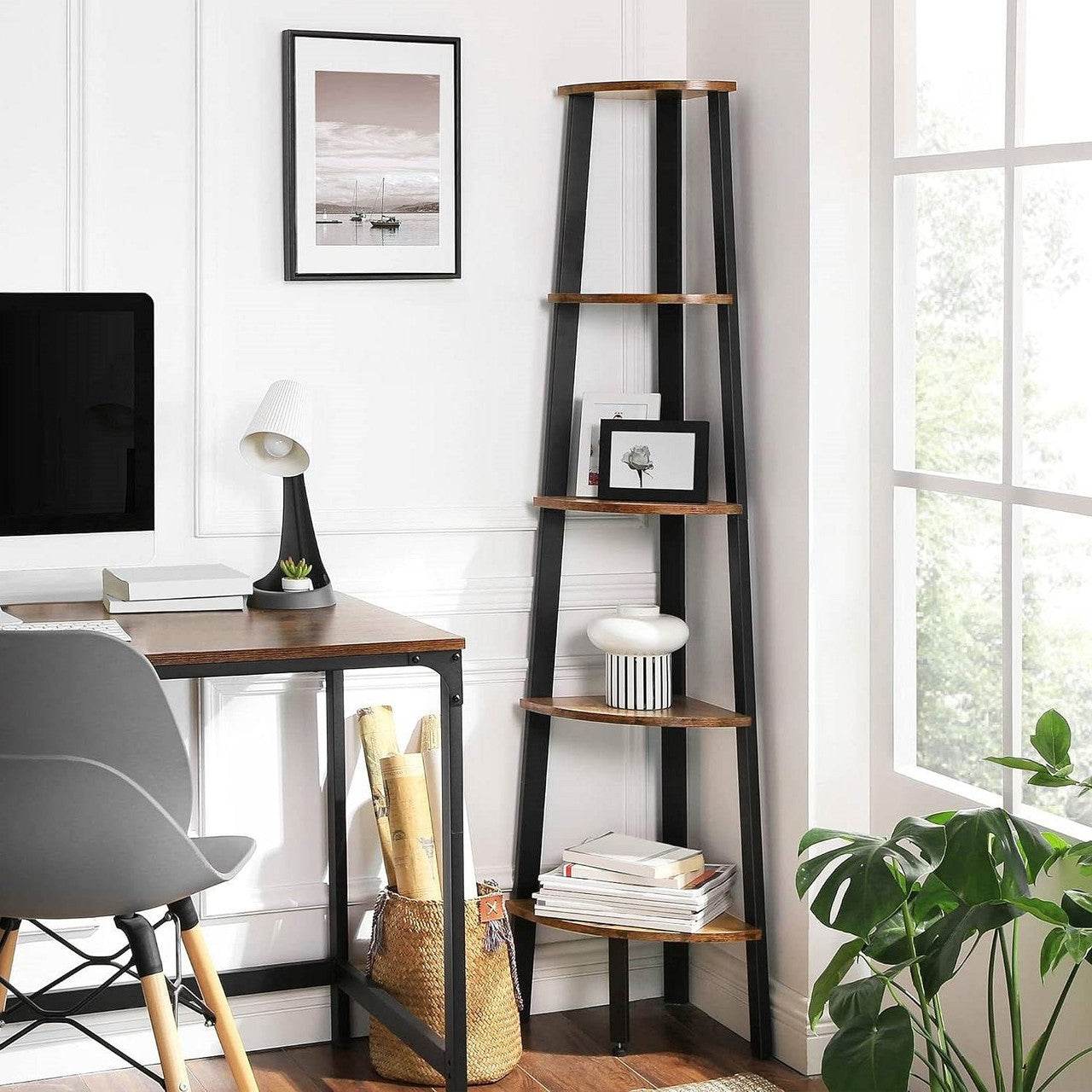 Modern 4-Shelf Brown Black Corner Shelving Unit Slim Bookcase - Loft&Timber