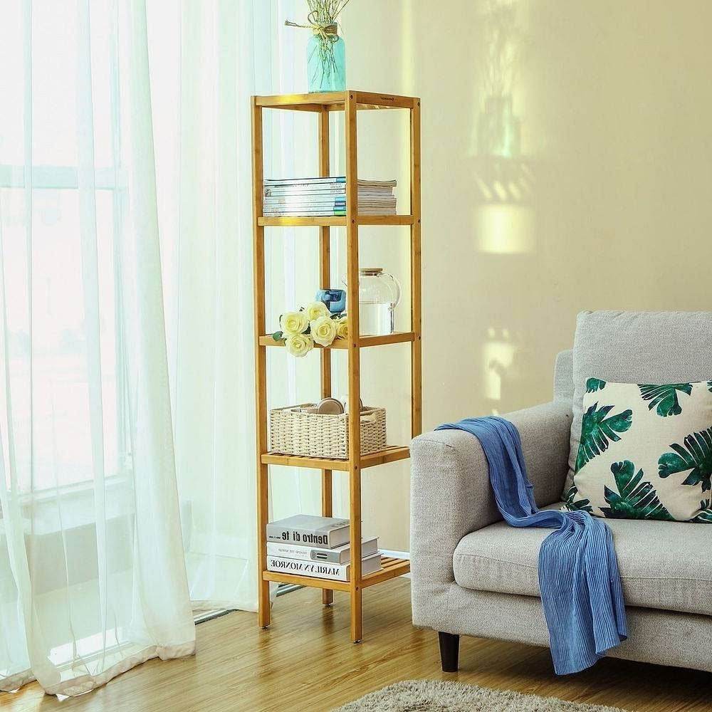 Slim 4-Shelf Natural Bamboo Wooden Shelving Unit Storage Rack Bookcase - Loft&Timber