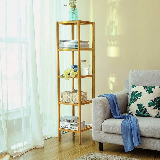 Slim 4-Shelf Natural Bamboo Wooden Shelving Unit Storage Rack Bookcase - Loft&Timber