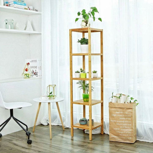 Slim 4-Shelf Natural Bamboo Wooden Shelving Unit Storage Rack Bookcase - Loft&Timber