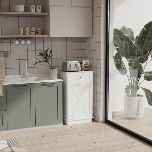 Trash Can Cabinet in White Wood Finish - Accommodates 10-Gallon Trash Bin - Loft&Timber