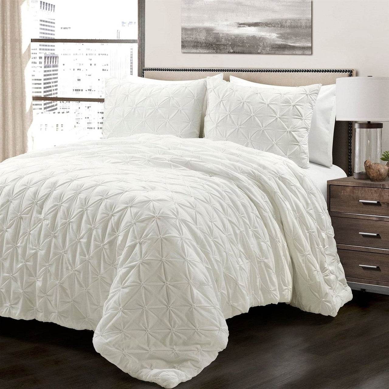 Full/Queen Soft Pleated Cotton 3 Piece Comforter Set White - Loft&Timber