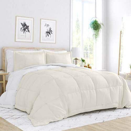 Full/Queen size 3-Piece Microfiber Reversible Comforter Set in White and Cream - Loft&Timber