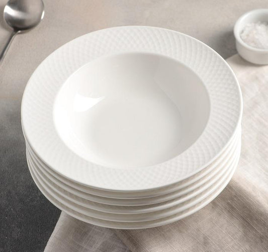 White Porcelain Deep Plate With Embossed Wide Rim 9" inch | For soup, pasta, salad - Loft&Timber