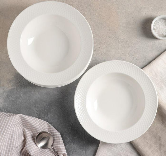 White Porcelain Deep Plate With Embossed Wide Rim 9" inch | For soup, pasta, salad - Loft&Timber