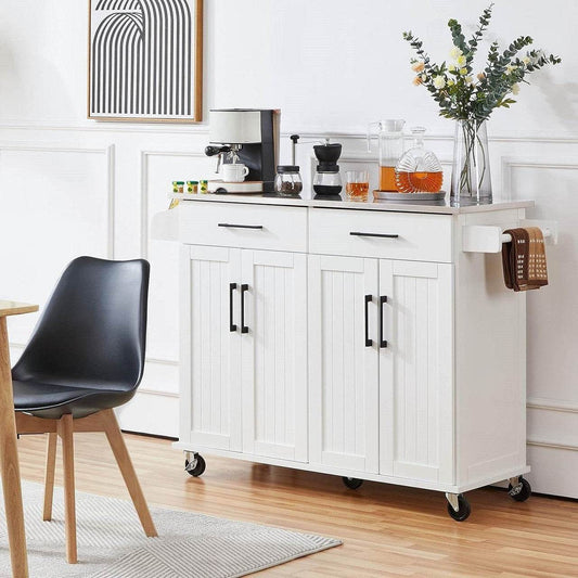 White Kitchen Cart Island with Stainless Steel Top 2 Drawers and Cabinet - Loft&Timber
