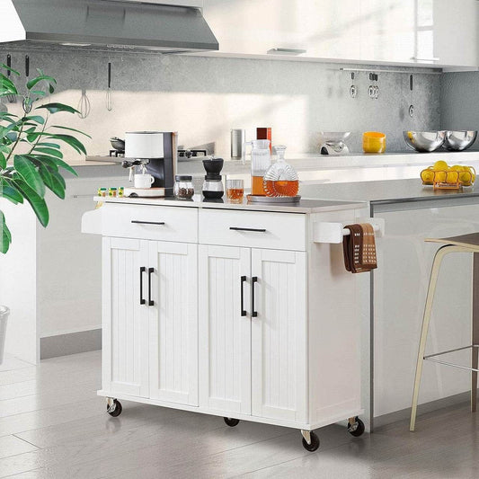 White Kitchen Cart Island with Stainless Steel Top 2 Drawers and Cabinet - Loft&Timber