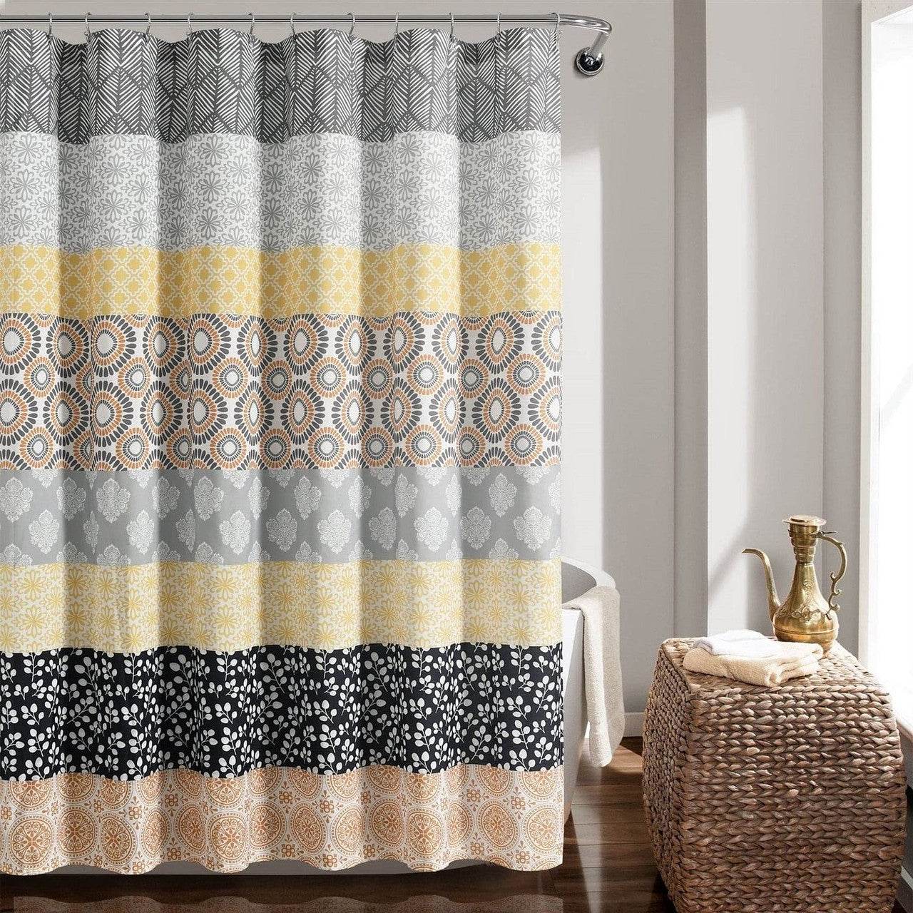72-in. Yellow Black White Grey Floral Damask Boho Polyester Shower Curtain - Loft&Timber