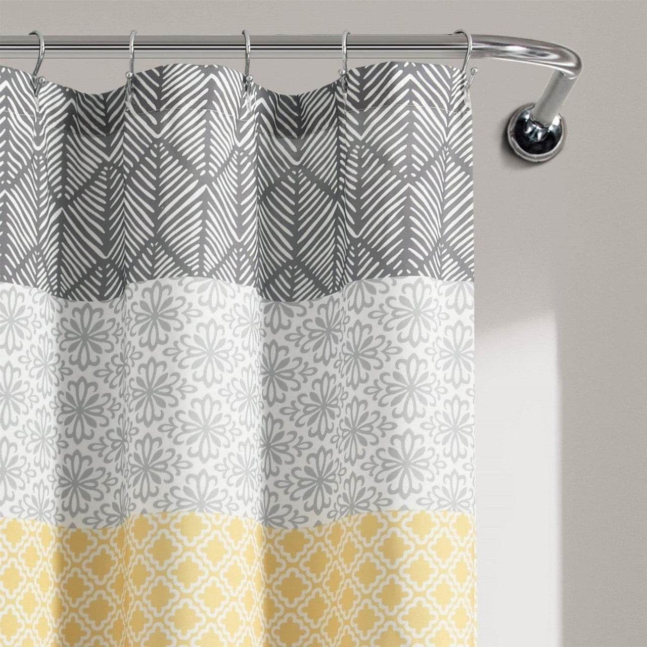 72-in. Yellow Black White Grey Floral Damask Boho Polyester Shower Curtain - Loft&Timber