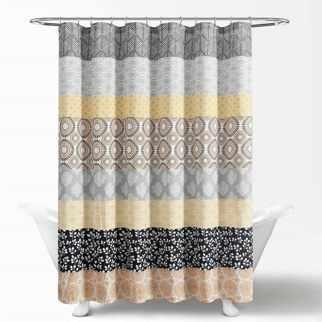 72-in. Yellow Black White Grey Floral Damask Boho Polyester Shower Curtain - Loft&Timber