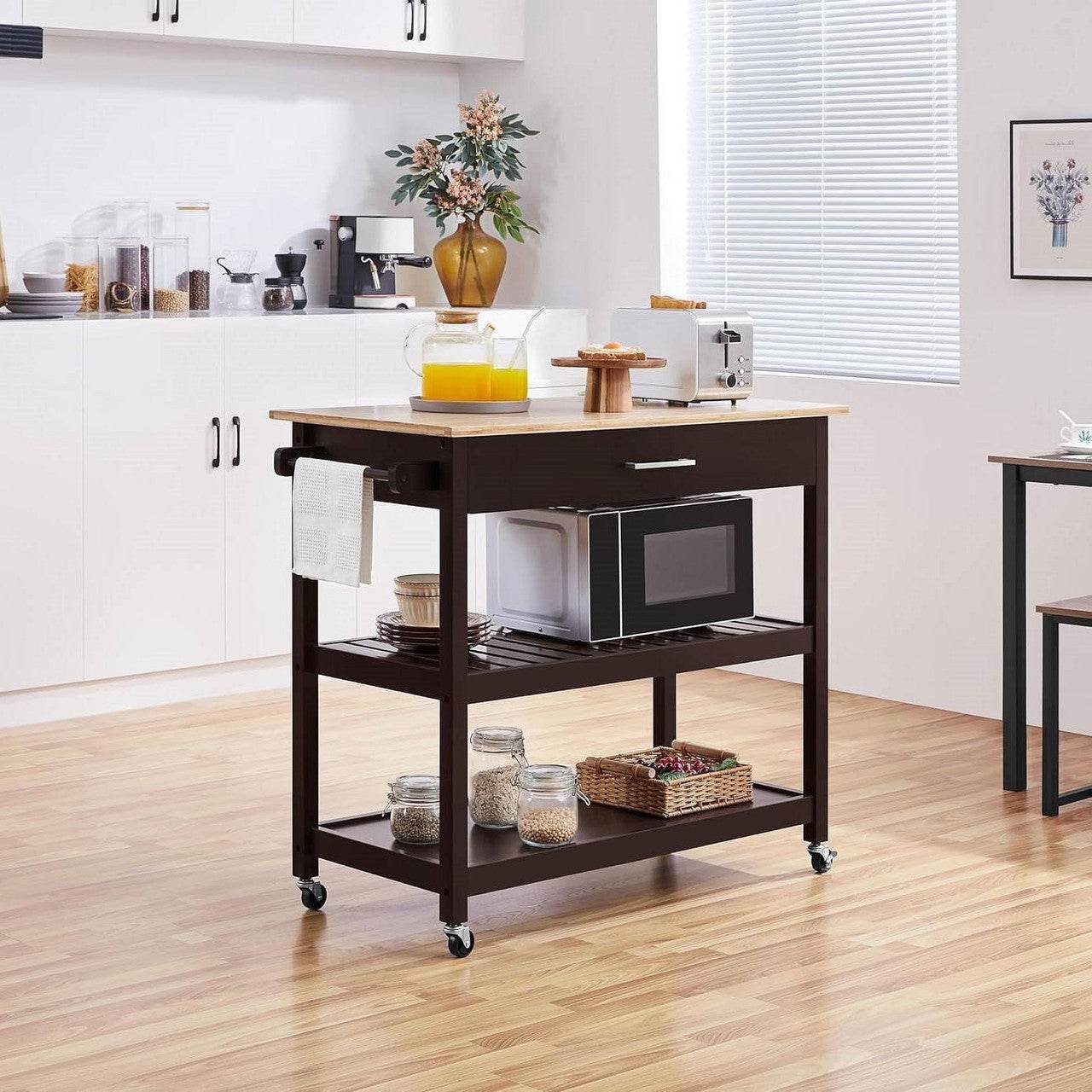 Black Kitchen Island Cart with Wood Top 2-Shelves Drawer and Locking Wheels - Loft&Timber