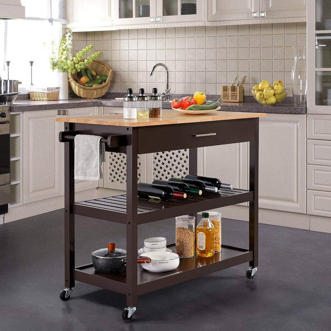 Black Kitchen Island Cart with Wood Top 2-Shelves Drawer and Locking Wheels - Loft&Timber