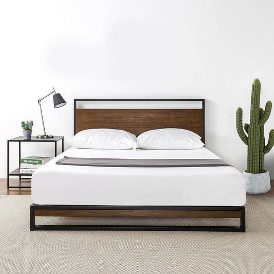 Queen size Metal Wood Platform Bed Frame with Headboard - Loft&Timber