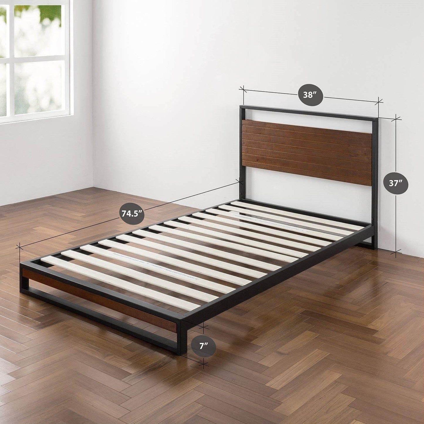 Twin size Metal Wood Platform Bed Frame with Headboard - Loft&Timber