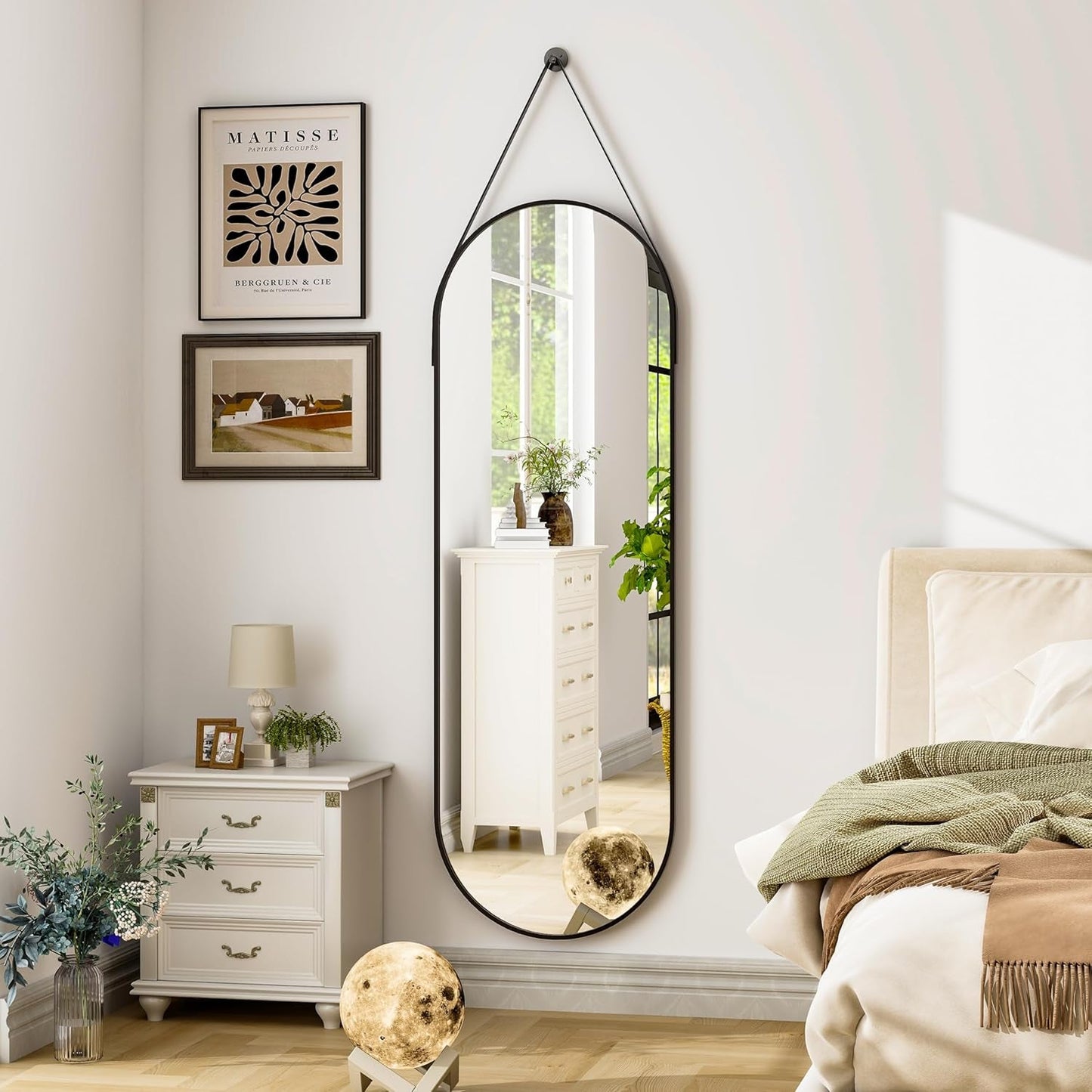 16"X48" Oval Hanging Mirror with Leather Strap Full Length Mirror Aluminum Frame Wall-Mounted Hanging Mirrors for Bathroom Vanity Living Room Bedroom Entryway Decor - Loft&Timber