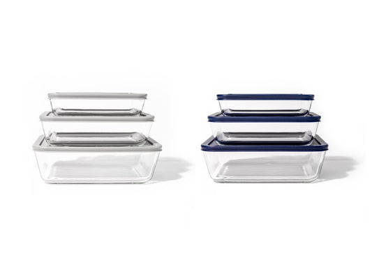 Glass Food Storage Containers - 12 Piece (6 Containers + 6 Lids) Rectangular Nesting Space-Saving Set - Loft&Timber