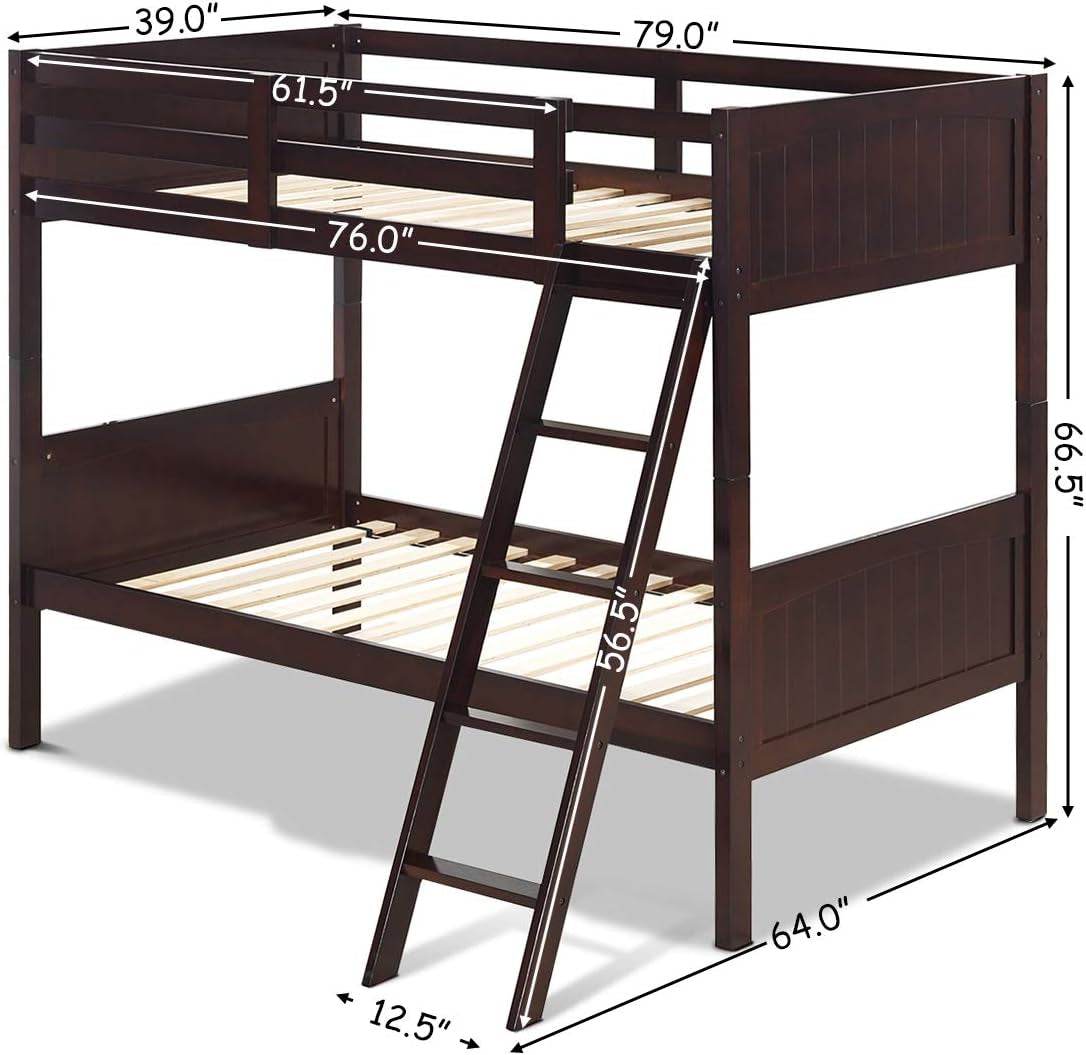 Wood Twin over Twin Bunk Beds Convertible 2 Individual Twin Beds for Kids Children, Solid Rubberwood Bunk Bed with Ladder and Safety Rail (Espresso) - Loft&Timber