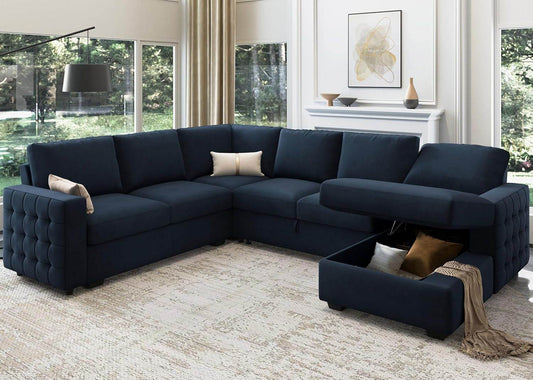 Velvet U-Sectional Sleeper Sofa, Pull-Out Bed, Blue - Loft&Timber