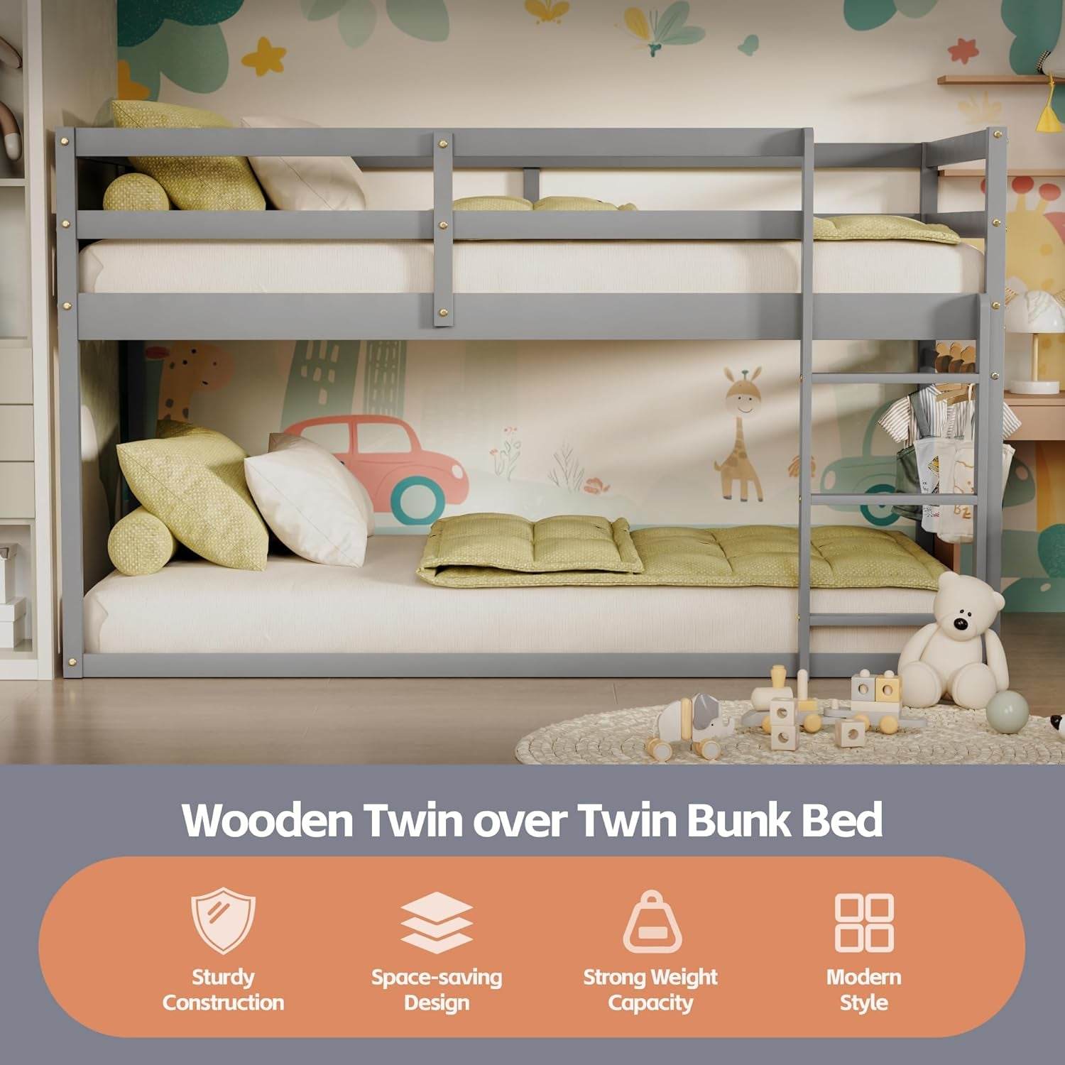 Low Bunk Bed Twin over Twin, Floor Bunk Bed with Ladder, Twin Bunk Bed with Full Guardrails, Wooden Bunk Bed for Juniors, Boys, Girls, Kids, Bedrooms (Grey) - Loft&Timber