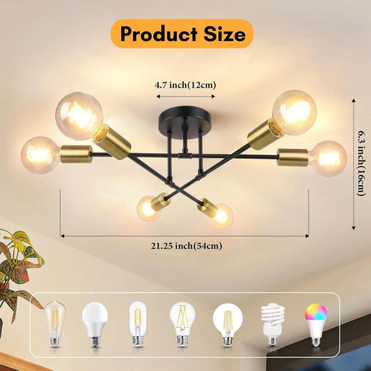 Modern Sputnik Chandelier, 6-Light Farmhouse Semi Flush Mount in Black in Gold - Loft&Timber