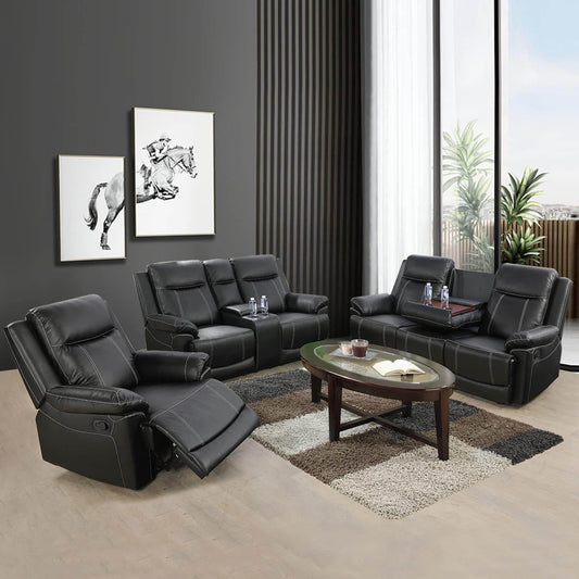 Manual Recliner Sofa Set, Bonded Leather in Black - Loft&Timber